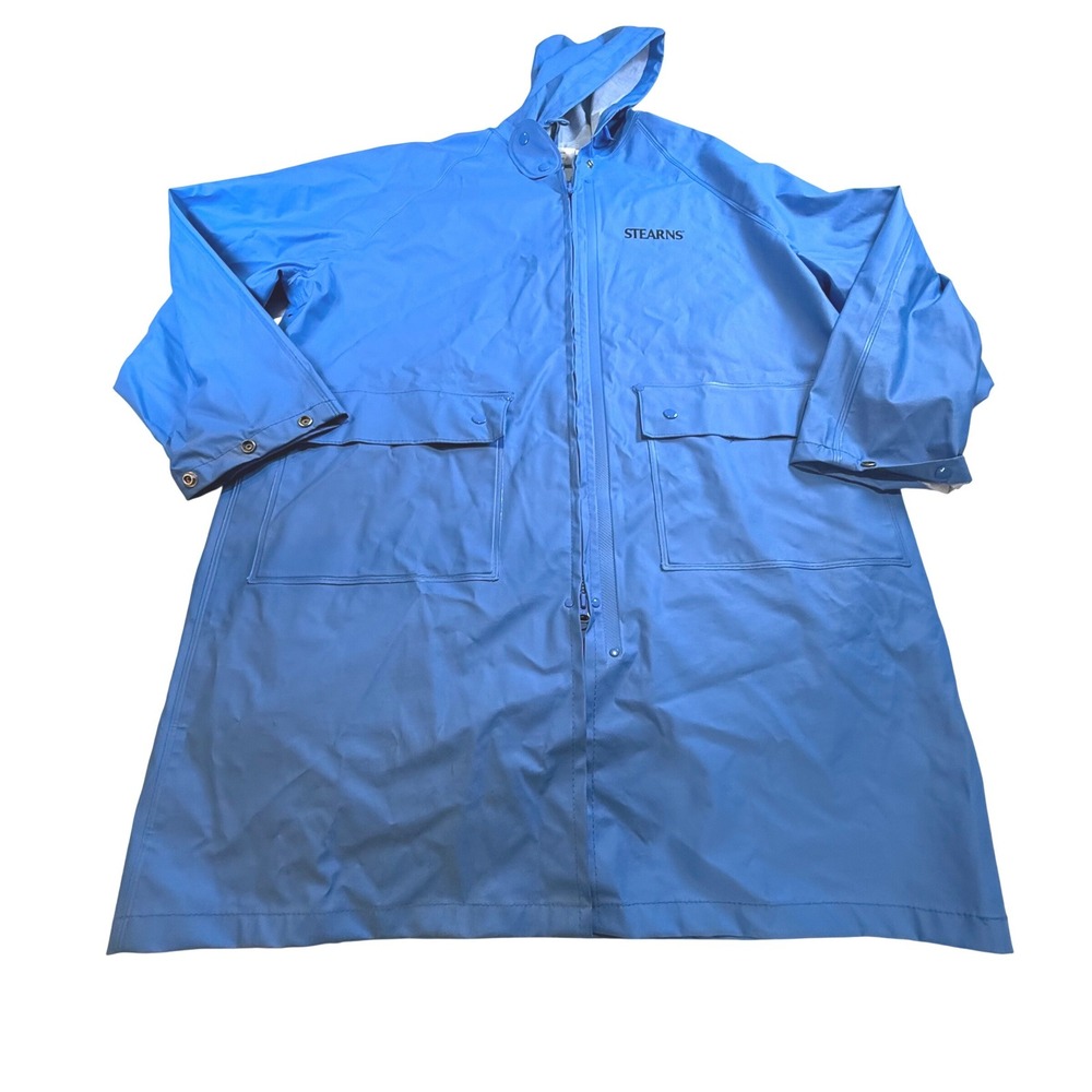 Stearns Blue PVC Coated Polyester Rayon‎ Raincoat Hooded Zip Front Pockets XL